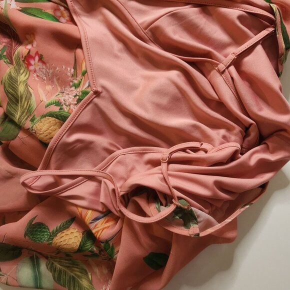 EXPRESS Tropical Mini Dress Sz S Coral Palm Kaftan Sheer Lined Vacation Resort - Picture 3 of 8